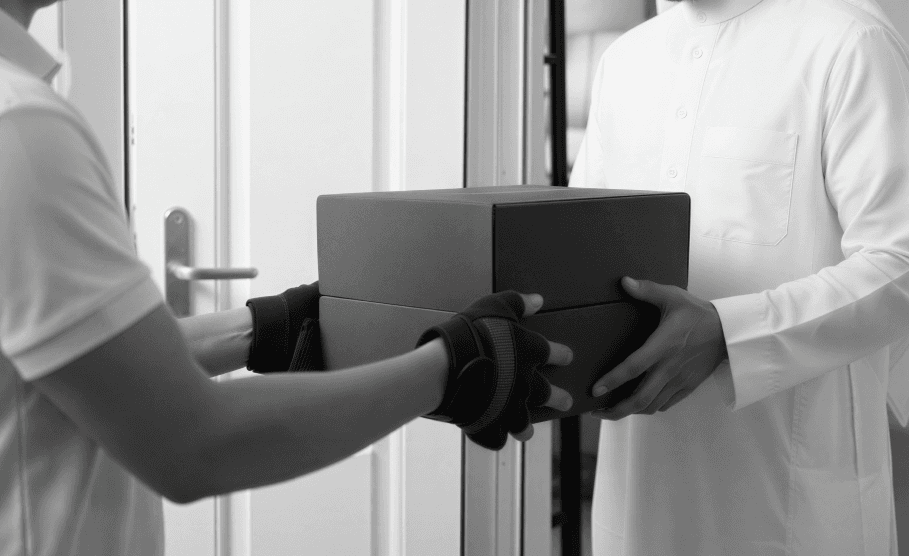 Logesta delivery professional handing a package to a customer Delivery professional handing a package to a customer